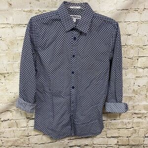 Express Blue White Geometric Print Slim Fit Button Up Shirt